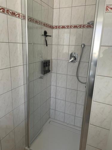 a shower with a glass door in a bathroom at Quartier am Fluss - CityNest in Innsbruck