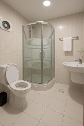 a bathroom with a shower and a toilet and a sink at Al Amer Palace Hotel in Amman