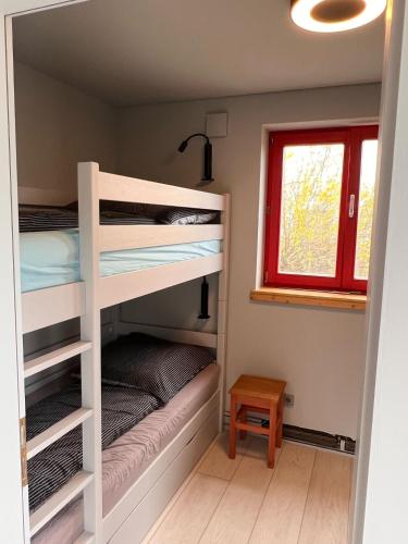 a bedroom with bunk beds in a room with a window at Künstlerhaus Vulkaneifel in Mückeln
