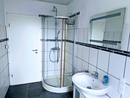 a bathroom with a shower and a sink and a mirror at Ferienwohnung Eifeltraum in Masburg