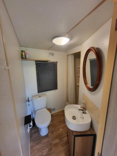 un piccolo bagno con WC e lavandino di Le Chalet de Moissac a Moissac