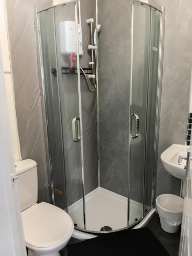 a bathroom with a shower with a toilet and a sink at Liv's place in Oldbury