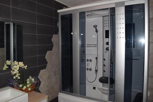 a shower in a bathroom with a glass door at La cesa country B&B in Scandriglia