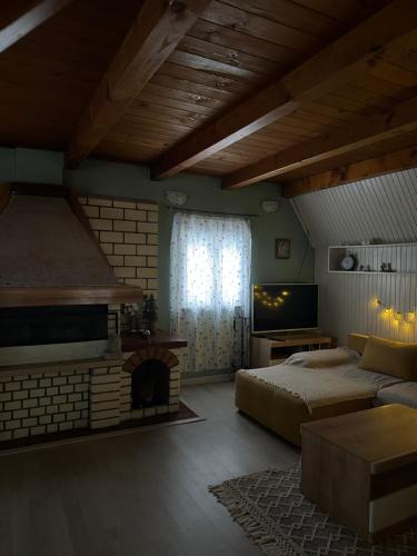a bedroom with a large bed and a fireplace at Forest Escape House in Begovo Razdolje
