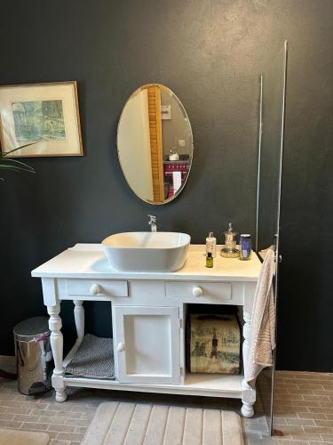 a bathroom with a white sink and a mirror at Greyton Cottage in Greyton