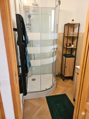 a shower with a glass door in a room at Le passage, maisonnette cosy classée 4 étoiles in Pont-lʼÉvêque