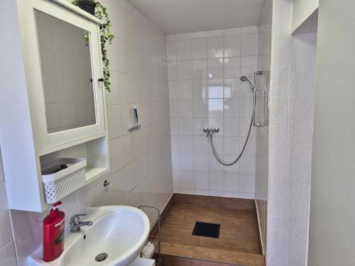 a white bathroom with a sink and a shower at Ferienwohnung Anja in Sonneberg