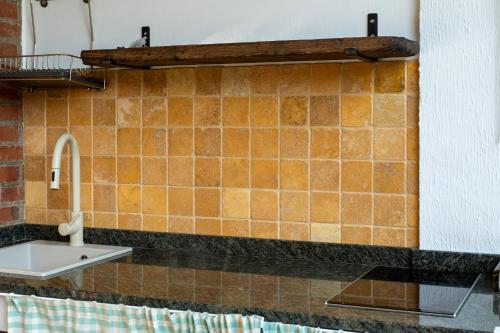 a bathroom with a sink and a tile wall at Appartamento l'Isola D'Oro in Grado