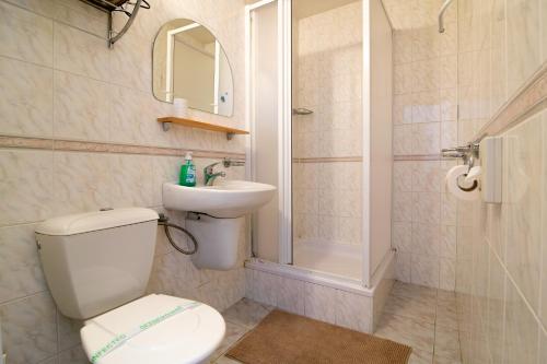 a bathroom with a toilet and a sink and a shower at Penzión Šafran Stratená in Stratená