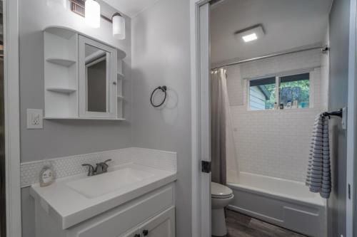 a white bathroom with a sink and a toilet at Secluded River Cabin Near Sly Park & Apple Hill in Placerville
