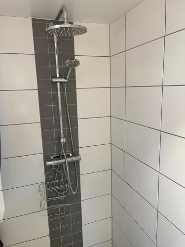 a shower with a shower head in a bathroom at Granat's Gästehouse in Höllviken