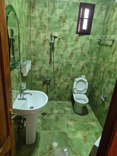 a green tiled bathroom with a toilet and a sink at Milo Comfort 2 in Rustavi