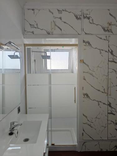 a bathroom with a sink and a shower and a mirror at Casa Las Laderitas A in El Paso