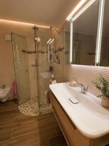 a bathroom with a sink and a shower at Chalet am Sonnberg in Kleinlobming
