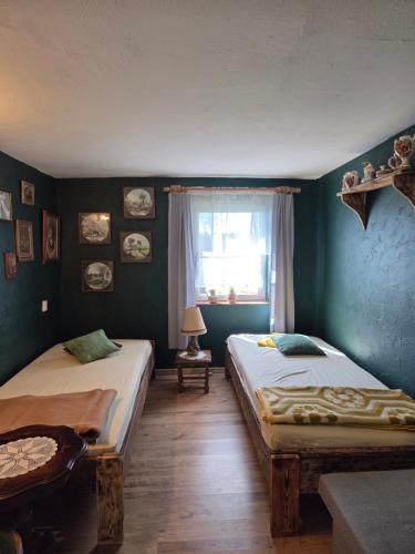 two beds in a room with green walls and a window at GA Grudzianka in Lwówek