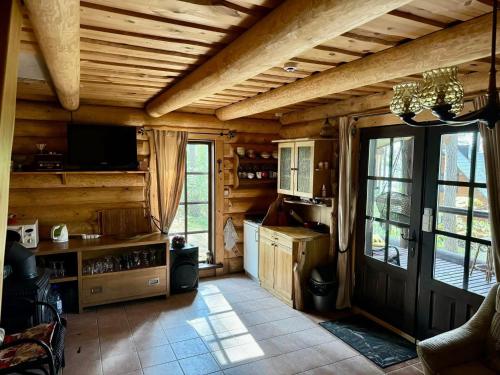 a kitchen with wooden walls and a wooden ceiling at Vila Zara in Zarasai