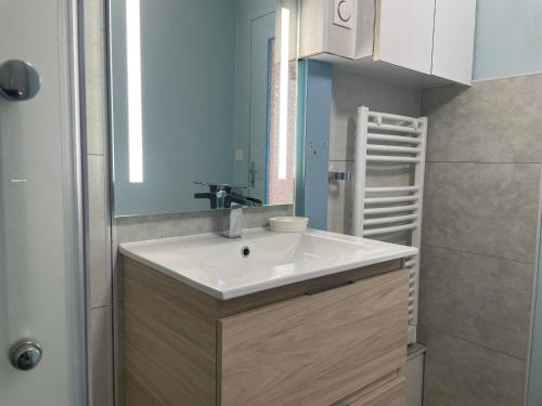 a bathroom with a white sink and a mirror at Maison charmante in Le Mans