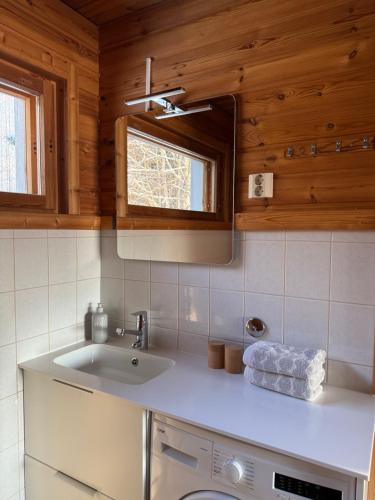 a bathroom with a sink and a mirror at Miiluranta Villas in Haapamäki