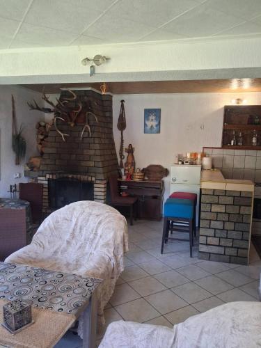 a bedroom with a fireplace and a kitchen with a table at Tolem in Borino