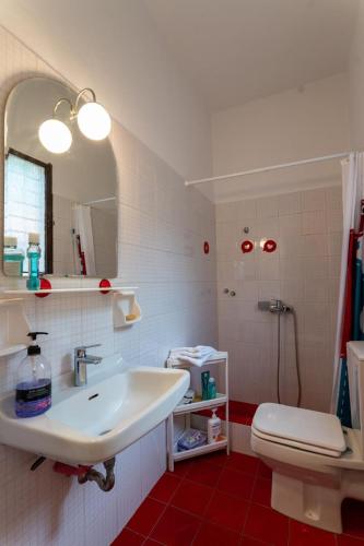 a bathroom with a sink and a toilet and a mirror at FantaSea Evgenia in Sampatiki