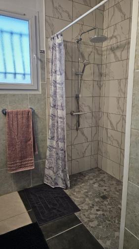 a shower with a shower curtain in a bathroom at La bâtisse a deux tours in Lalbenque