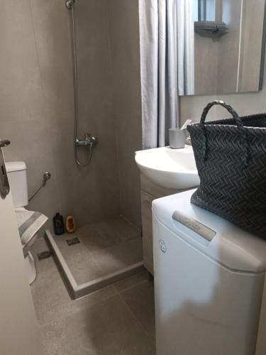 a bathroom with a toilet and a sink and a refrigerator at Buganvilla Sea View apts in Agia Pelagia
