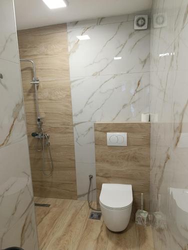 a bathroom with a white toilet and a shower at Vila Ideal in Donji Štoj