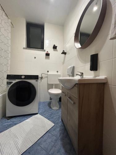 a bathroom with a sink and a washing machine at AS Apartment Free Parking and Peaceful Nature near Ljubljana in Škofljica
