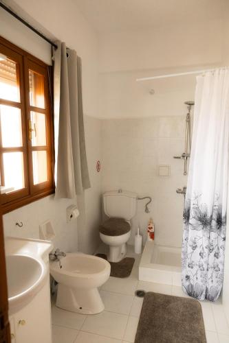 a white bathroom with a toilet and a sink at SteMaMaisonette in Afantou