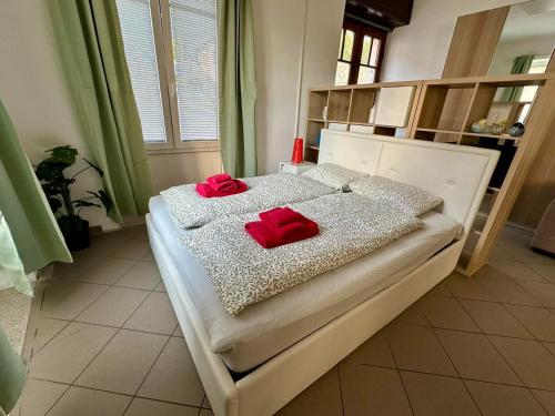 a bedroom with a bed with two red pillows on it at Soca treasure with free parking in Bovec
