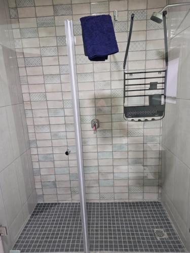 a bathroom with a shower with a blue towel at 47 Northward BnB in Newcastle