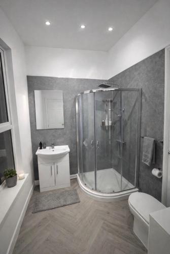 a bathroom with a shower and a toilet and a sink at The Carlton Collection in Birkenhead