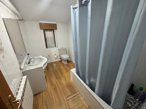 a bathroom with a sink and a toilet and a shower at Casa cerca de Las Medulas in Puente de Domingo Flórez