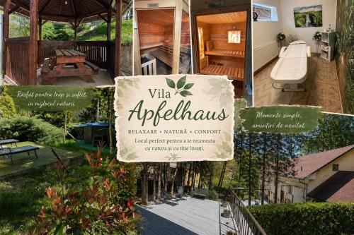 a collage of photos of a house with a sign at Apfelhaus Poiana Marului in Poiana Mărului