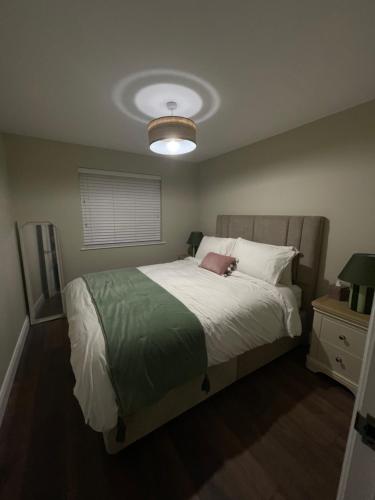 a bedroom with a large bed and a light at Anna and Jims Cottage in Claudy
