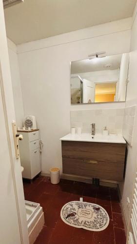 a bathroom with a sink and a mirror at La Maison du Rosier in Saint-Honoré-les-Bains