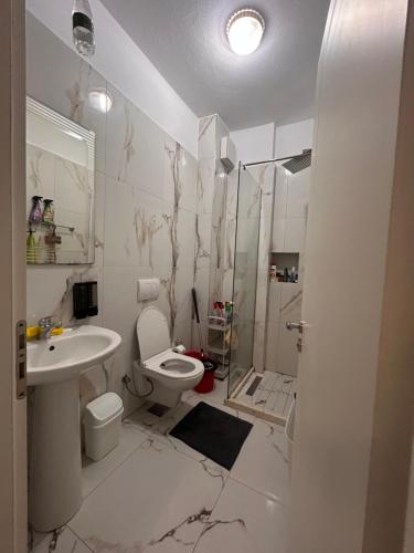 a bathroom with a toilet and a sink and a shower at Small Garden House in Draç