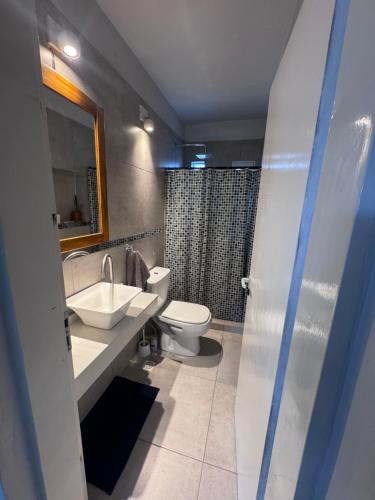 a bathroom with a sink and a toilet and a shower at Casa Serena Rio in Viedma