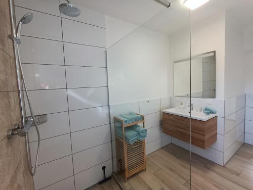 a bathroom with a shower and a sink and a mirror at Bakony Kincse Vendégház in Jásd