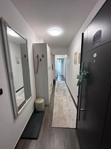 a hallway with a bathroom with a mirror and a hallway sidx sidx sidx at Adagio Apartmani in Vrnjačka Banja