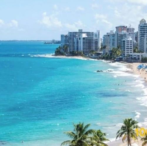 a view of a beach with palm trees and buildings at Star of the Olympus 4a Standard Studio at Miramar Puerto Rico near beaches and Convention Center in San Juan