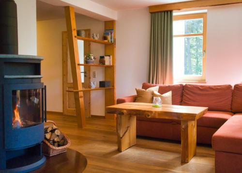 a living room with a couch and a fireplace at Ferienwohnung Villa Oben im Sandsteinidyll in Rathen