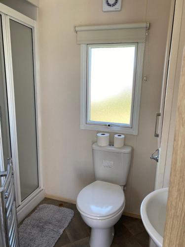 a bathroom with a toilet and a window at Faville in Selsey