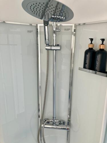 a shower with a shower head in a bathroom at Abri 82 in Picauville