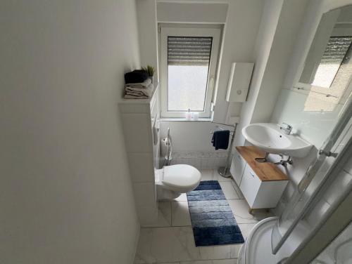 a white bathroom with a toilet and a sink at Dürschgangs Zimmer in Siegen