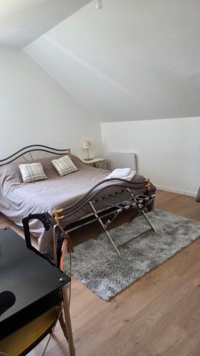 a bedroom with a bed and a rug in a room at pavillon en pleine nature in Brains-sur-Gée