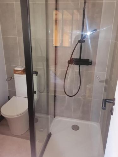 a bathroom with a glass shower with a toilet at Chalet Le Luc - Casa Zenitude in Le Luc