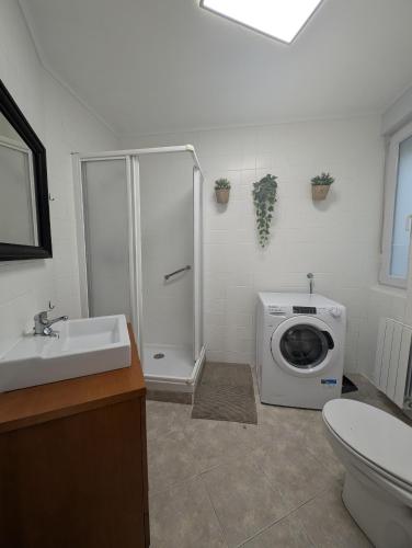 a bathroom with a shower and a washing machine at Apartamento La Ballena 2 - Las Huertas in Santoña