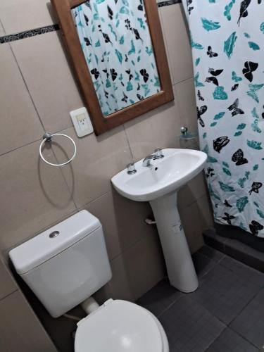 a bathroom with a toilet and a sink at Complejo FE LE SA in Las Grutas