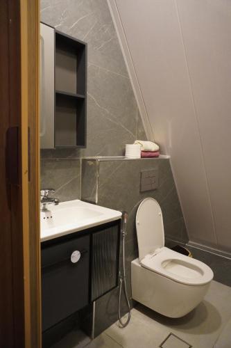 a small bathroom with a toilet and a sink at Al Joud Chalet Private Jacuzzi & BBQ Ajloun in Ajloun